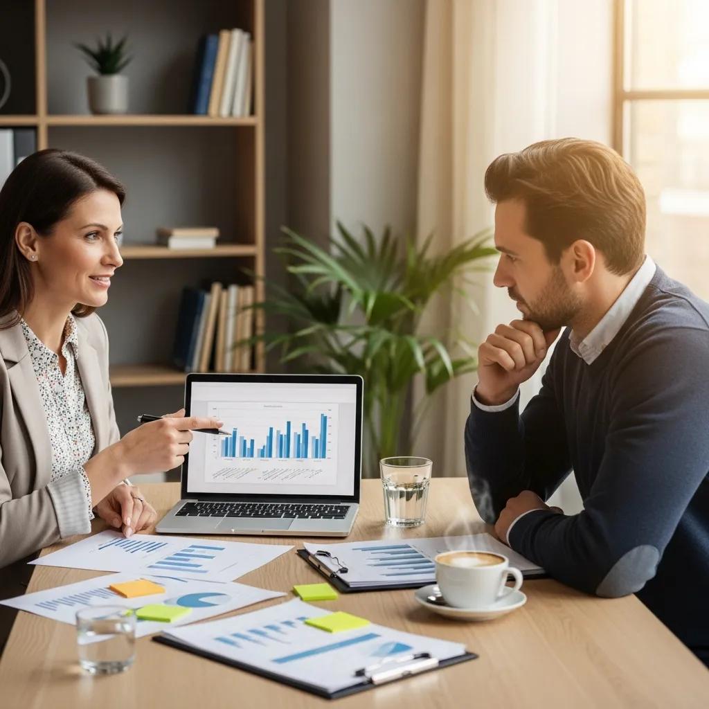 Cozy professional setting with a part-time CFO discussing financial strategies with a business owner