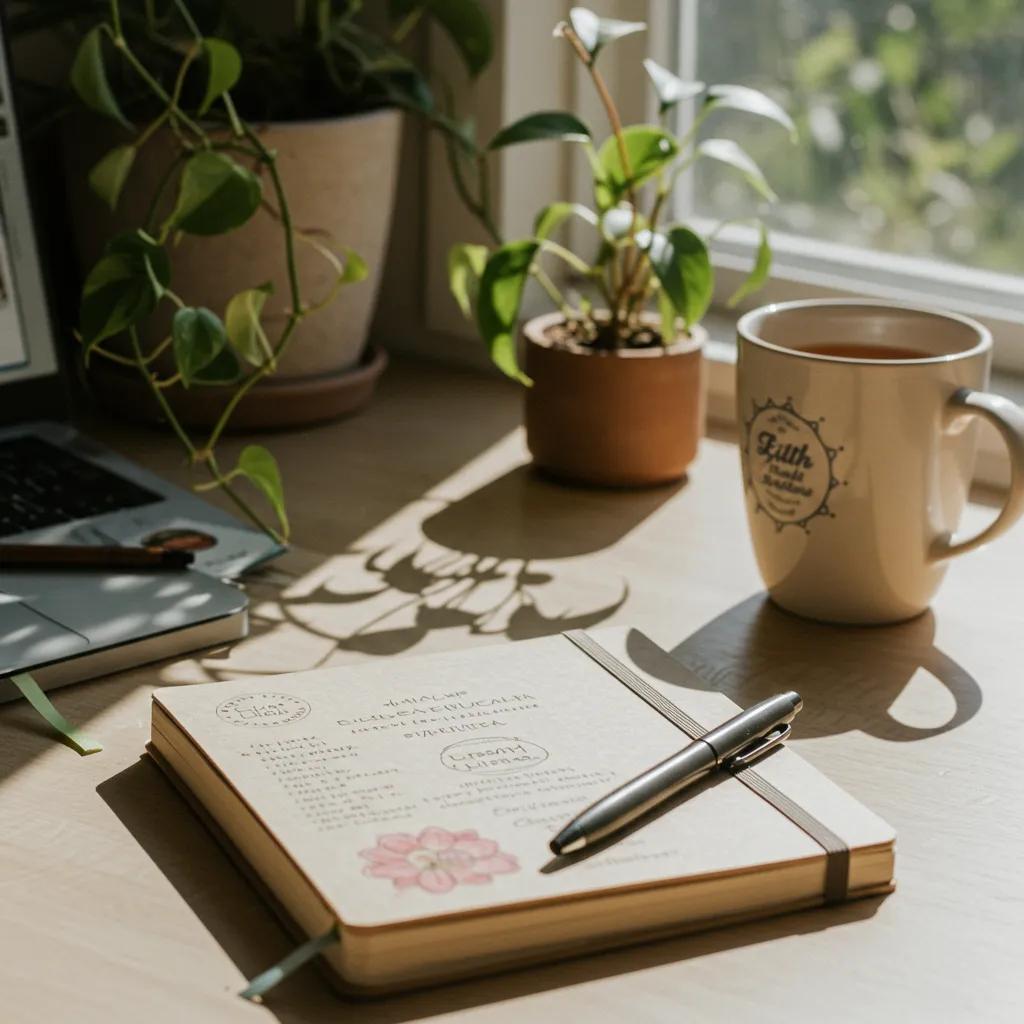 Cozy workspace with a journal and tea, symbolizing mental health documentation