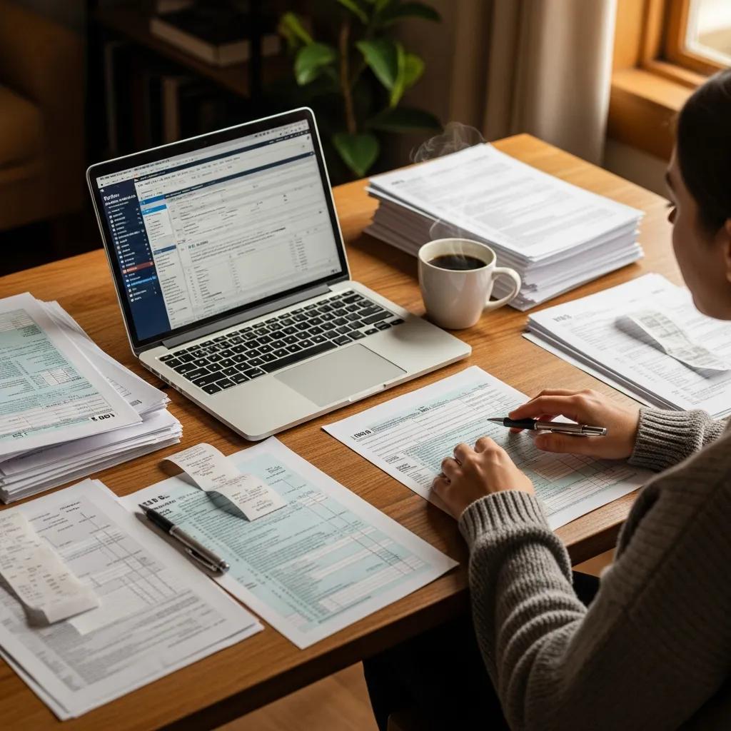 Cozy workspace with a laptop and tax documents, emphasizing tax preparation for 2026