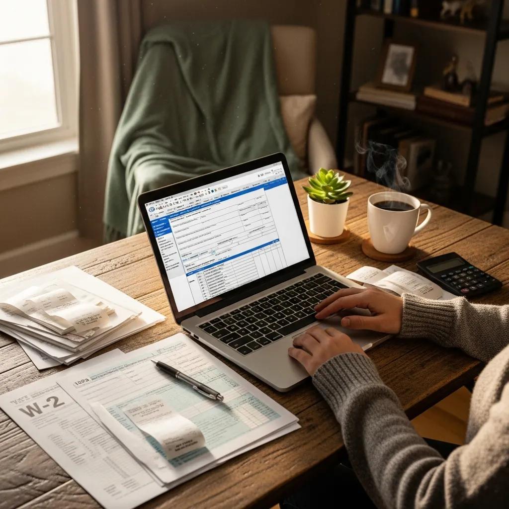 Cozy workspace with a person preparing taxes, laptop, and documents
