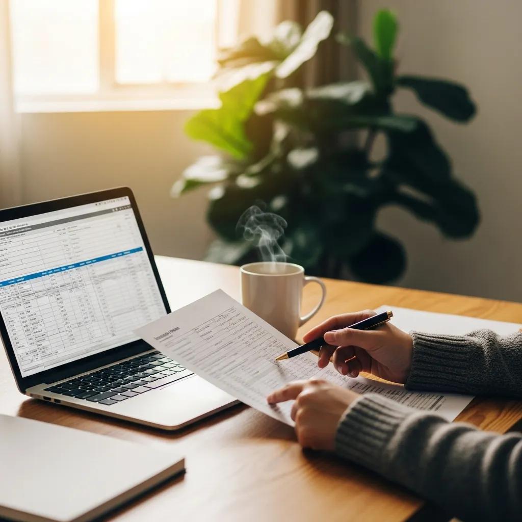 Cozy workspace with a person reviewing tax documents and a laptop, emphasizing financial management