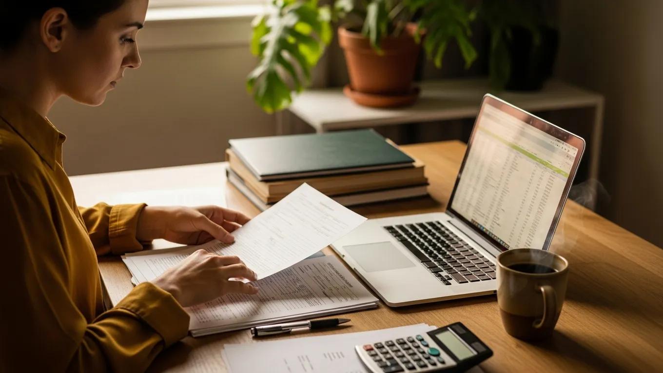 Cozy workspace with a person reviewing tax documents and financial papers