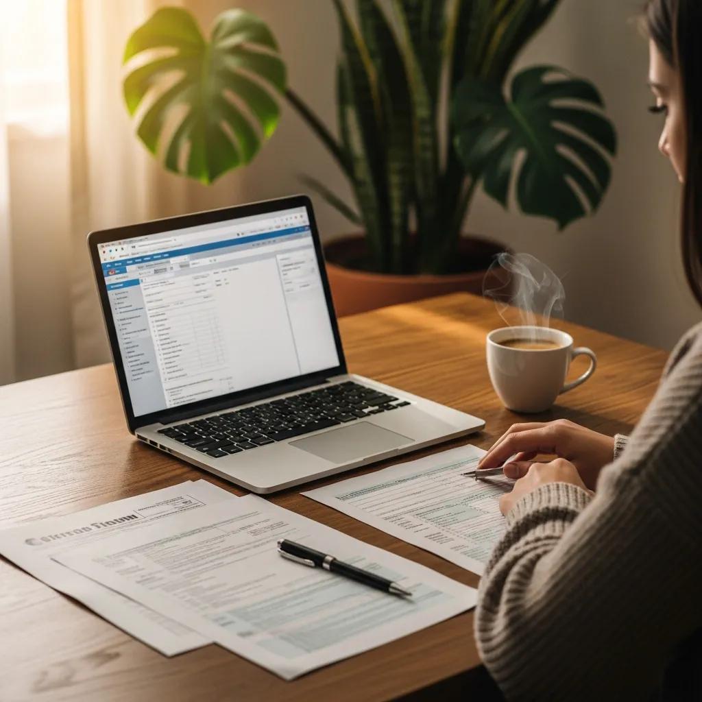 Cozy workspace with a person reviewing tax documents on a laptop, symbolizing tax compliance and voluntary disclosure