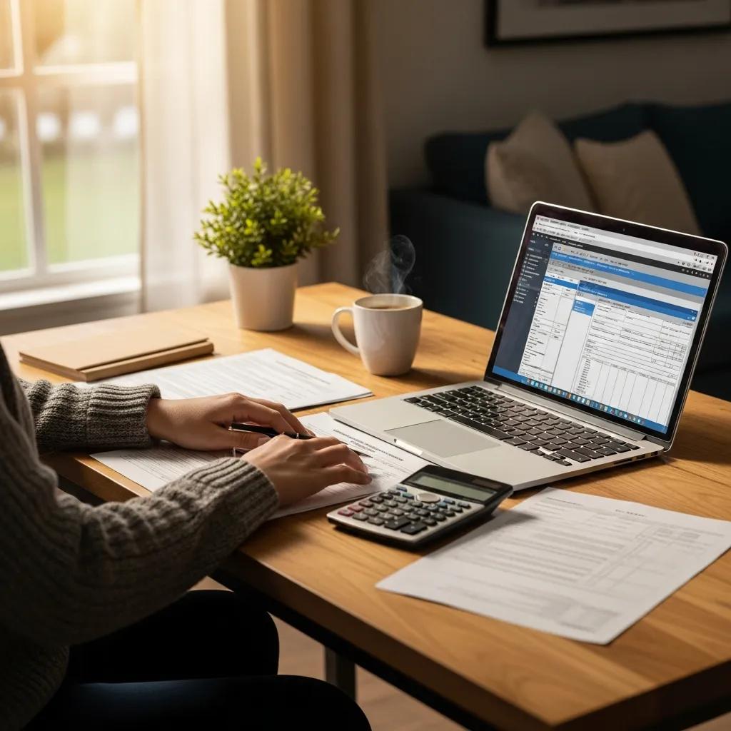 Cozy workspace with tax documents and a laptop, emphasizing personal tax return preparation