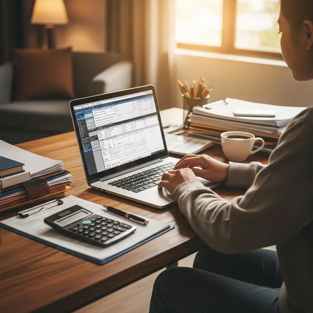 Cozy workspace with tax documents and a laptop, emphasizing tax filing preparation