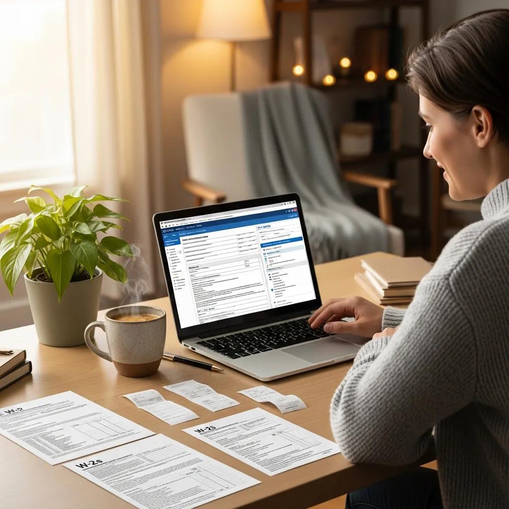 Cozy workspace with tax documents and laptop for stress-free tax filing