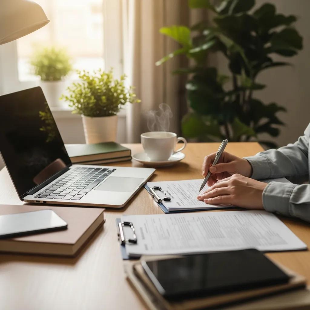 Cozy workspace with tax documents and laptop, representing tax residency in Canada