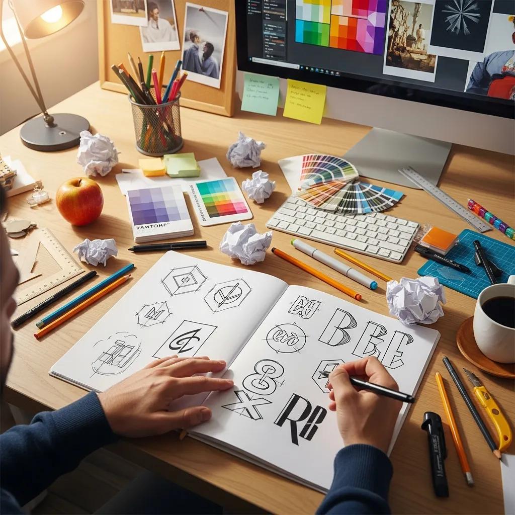 Creative workspace with a designer sketching logo concepts, emphasizing custom logo design and brand identity