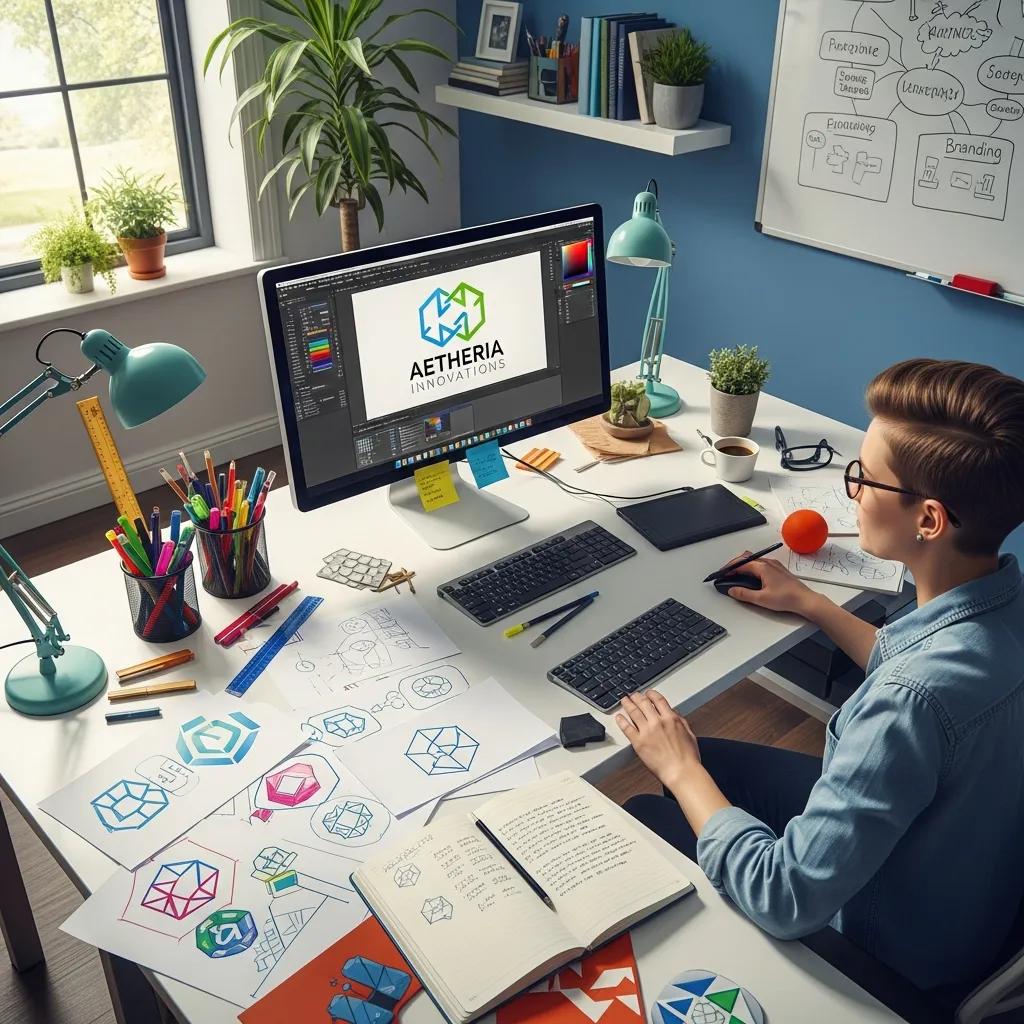 Creative workspace with a designer working on logo design, showcasing tools and sketches