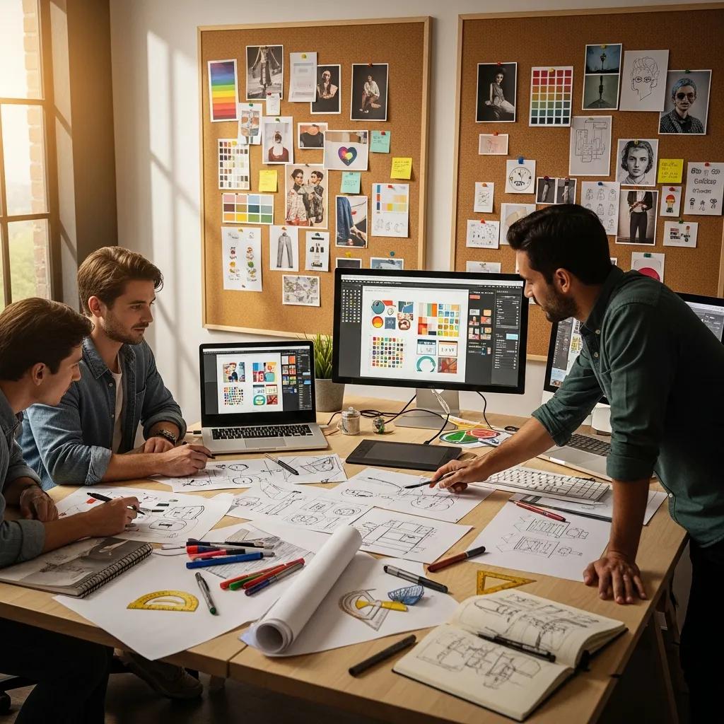 Creative workspace with designers collaborating on innovative design projects
