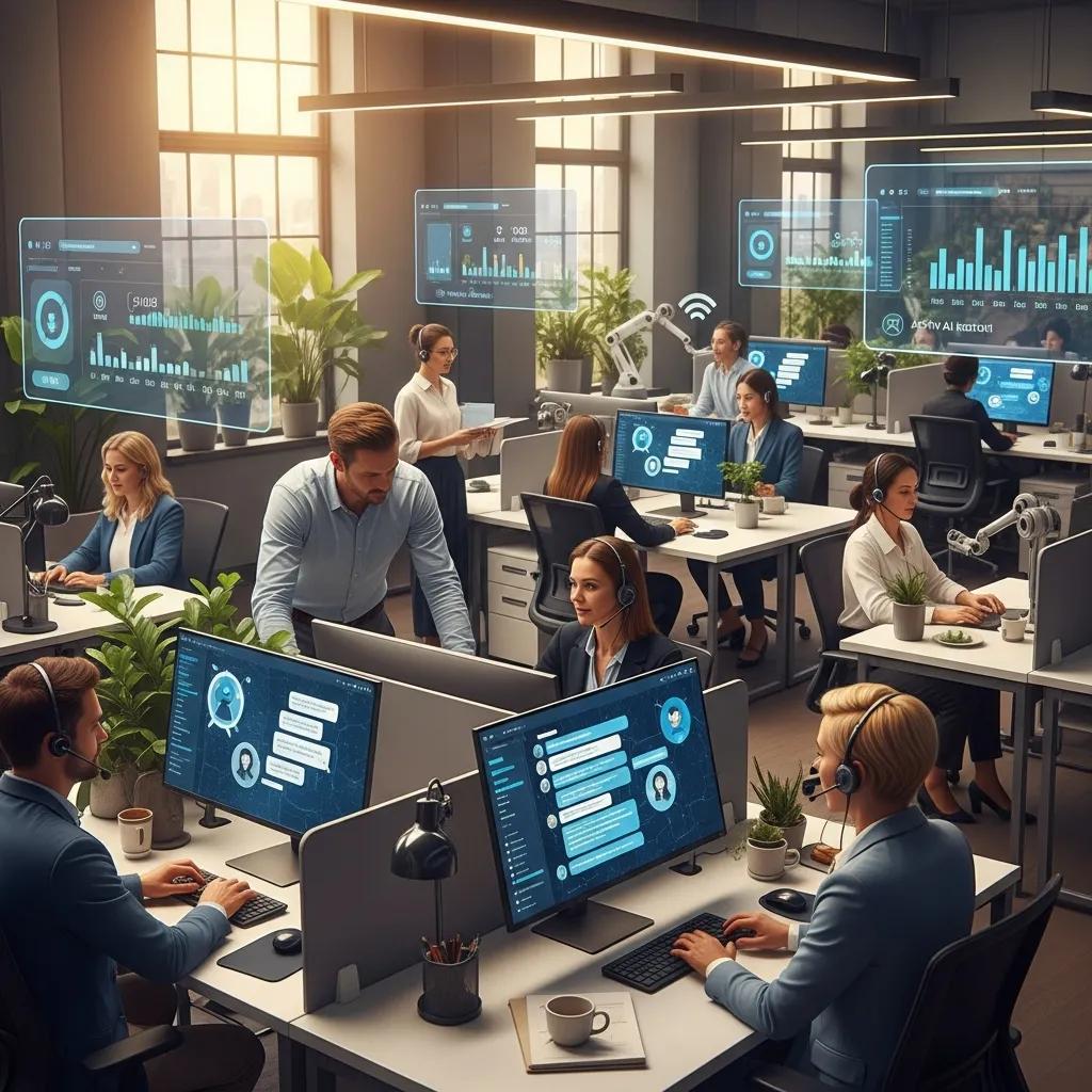 Customer support agents collaborating with AI technology in a modern office environment