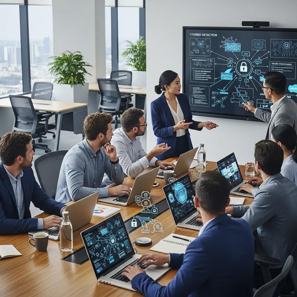 Cybersecurity meeting in a modern office focusing on ransomware protection strategies