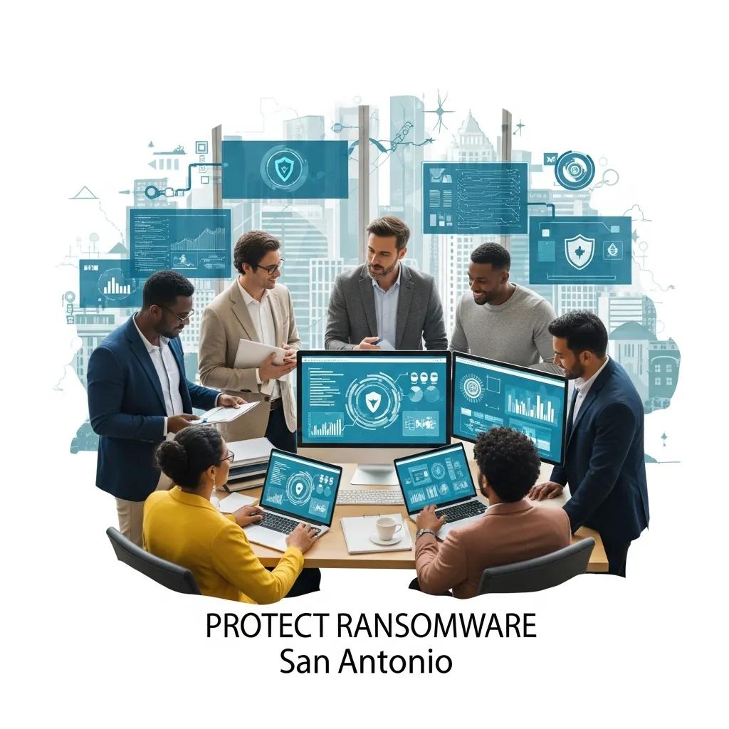 Cybersecurity professionals collaborating in a modern San Antonio office to enhance ransomware protection strategies