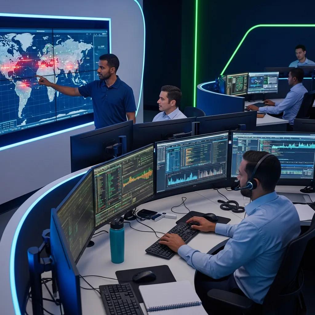 Cybersecurity professionals monitoring security data in a modern office environment