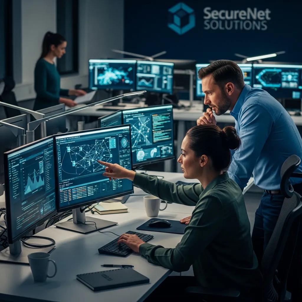 Cybersecurity professionals monitoring systems in a modern office setting