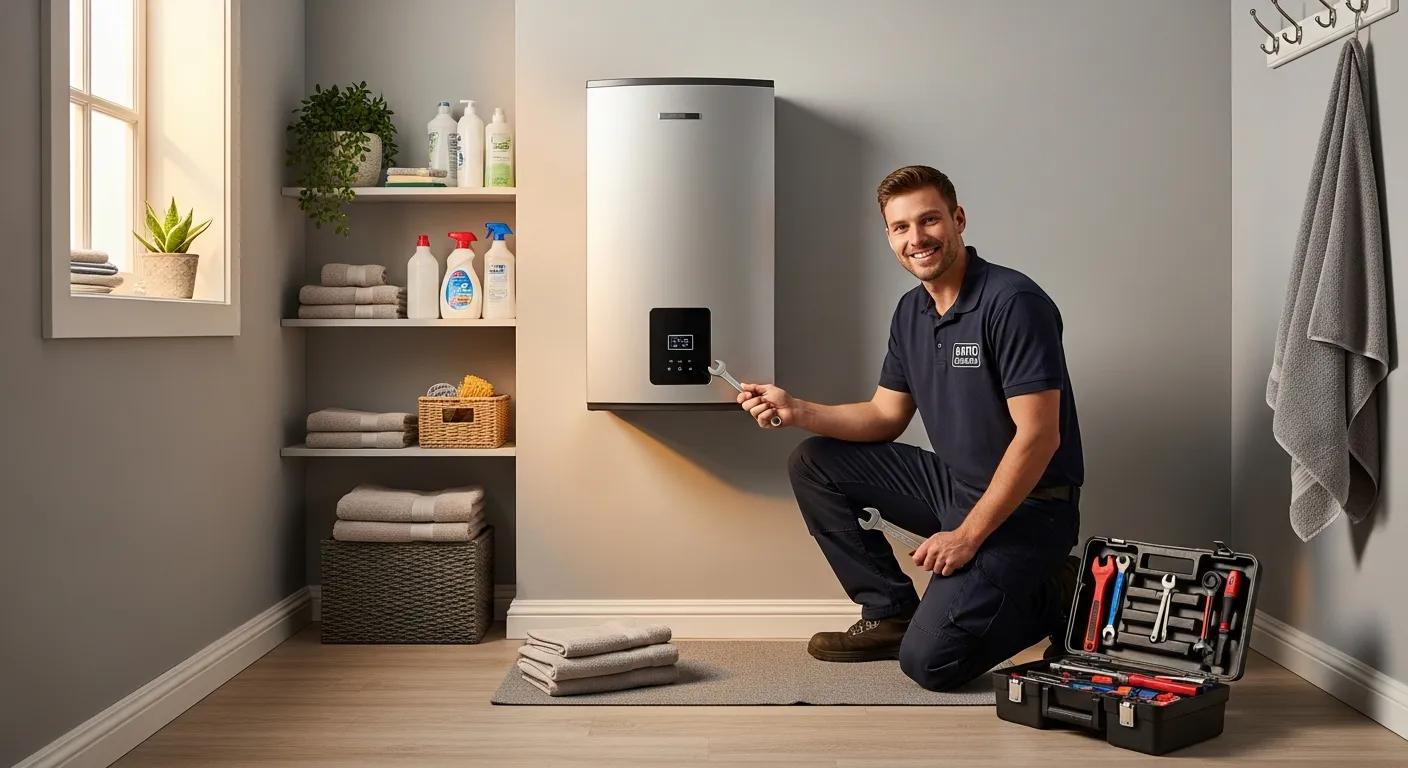 Modern water heater in a cozy utility room, emphasizing home comfort and repair services