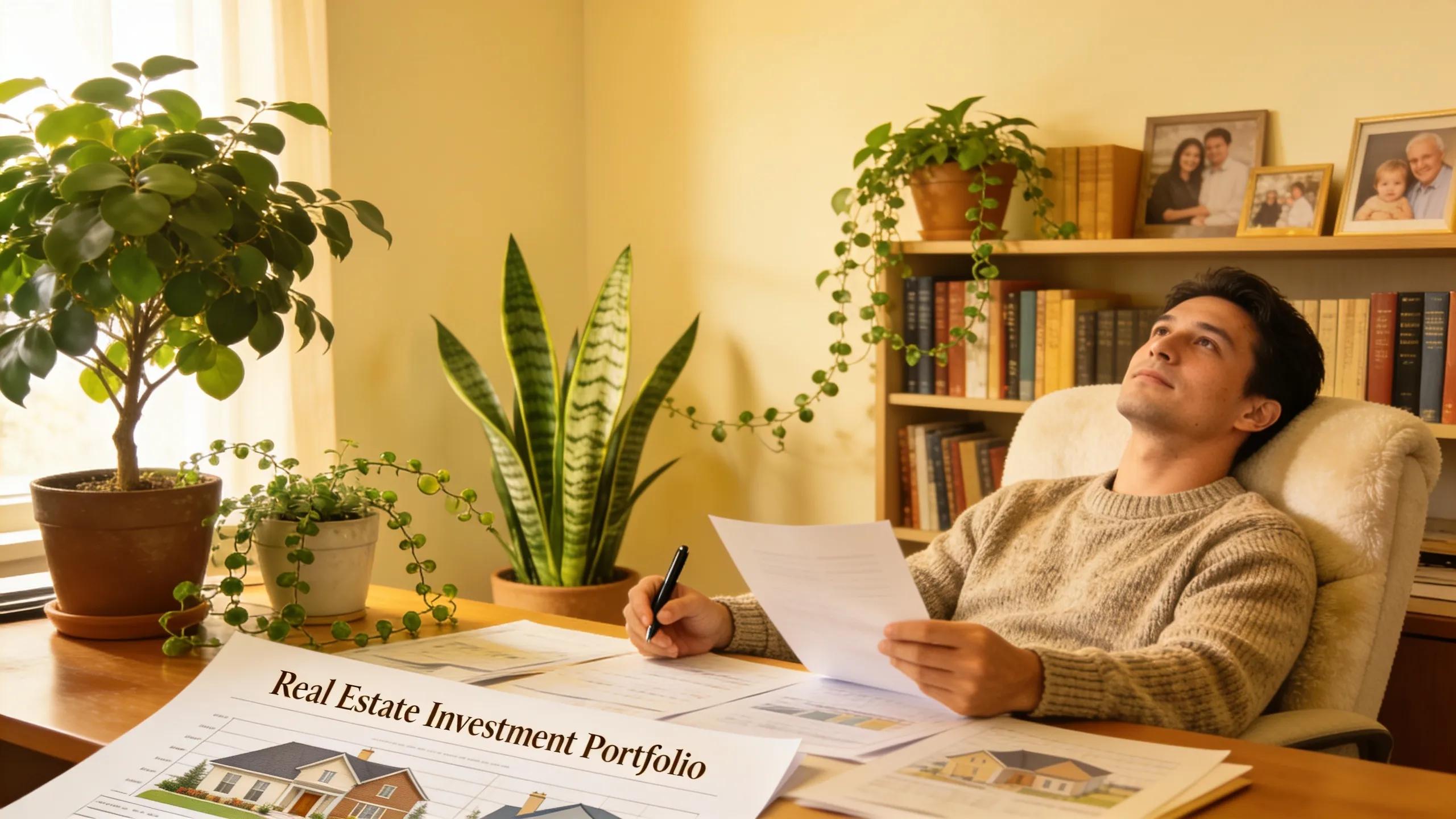 Cozy home office environment with passive investor reviewing real estate documents