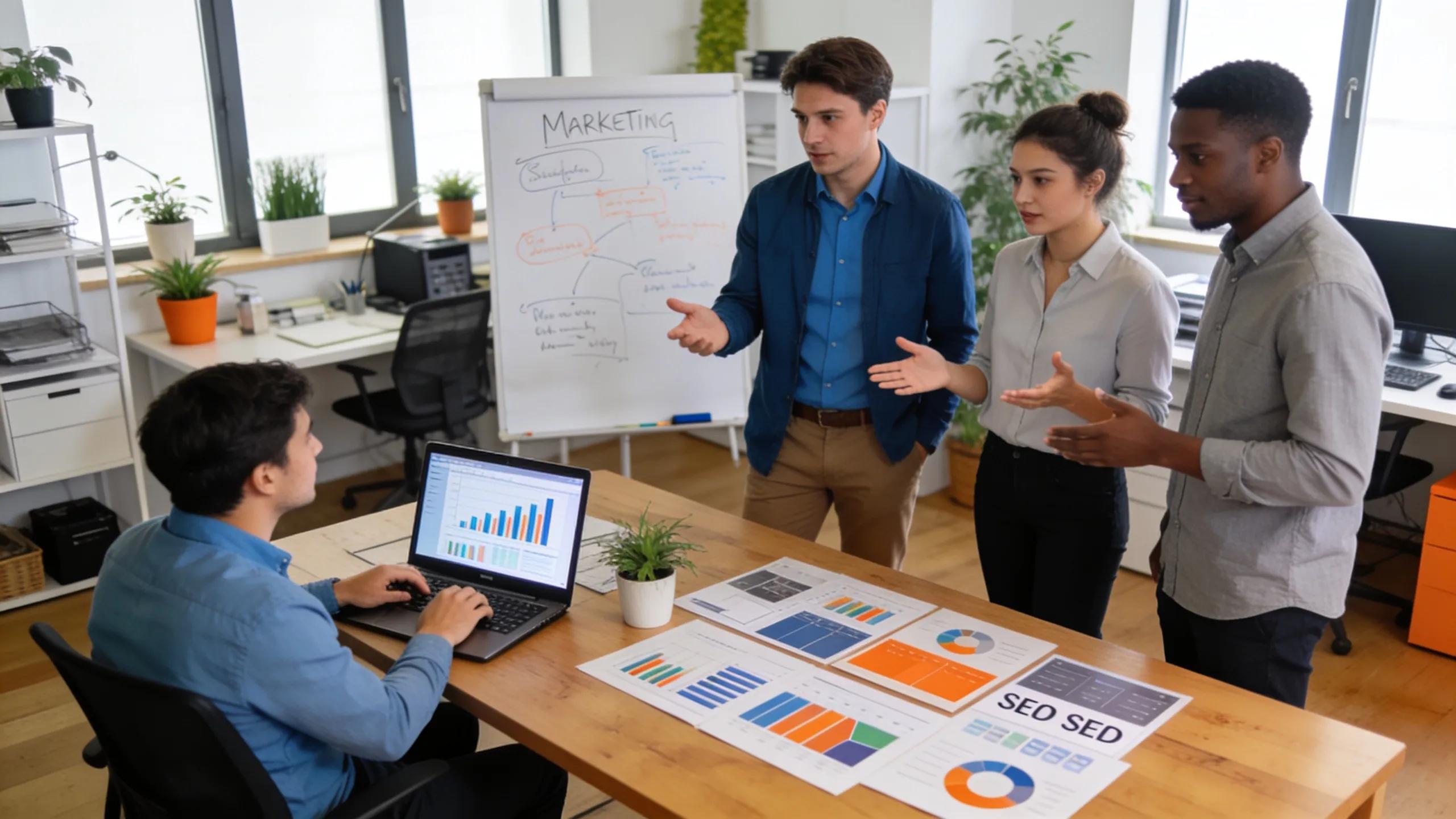 Group of professionals collaborating on digital marketing in a modern office, emphasizing teamwork in SEO and automation