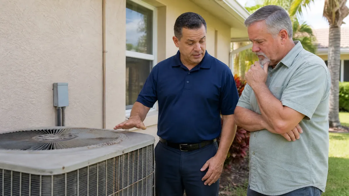 HVAC technician talking with a homeowner beside an older outdoor AC unit about repair or replacement