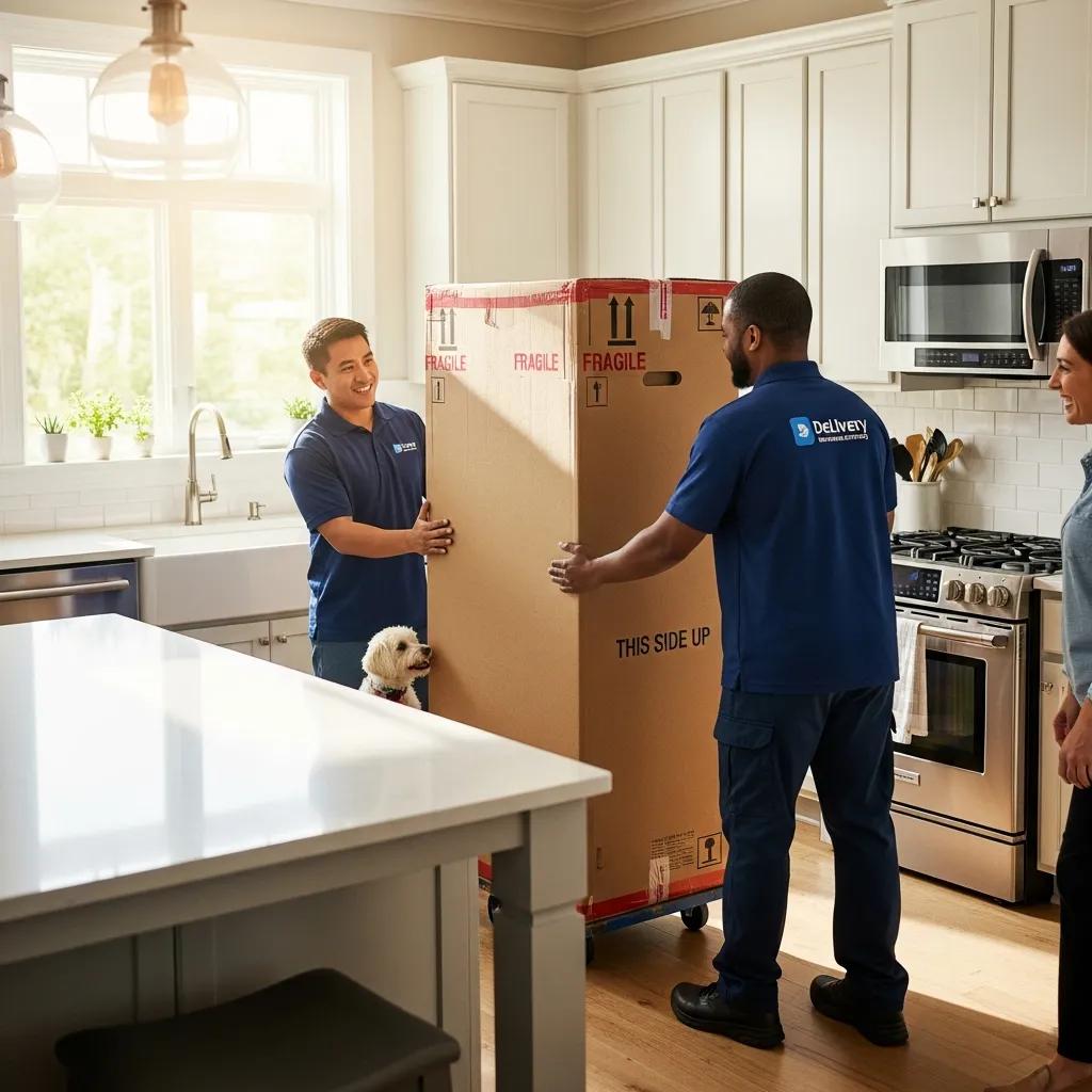 Delivery team bringing a new refrigerator into a bright, modern kitchen