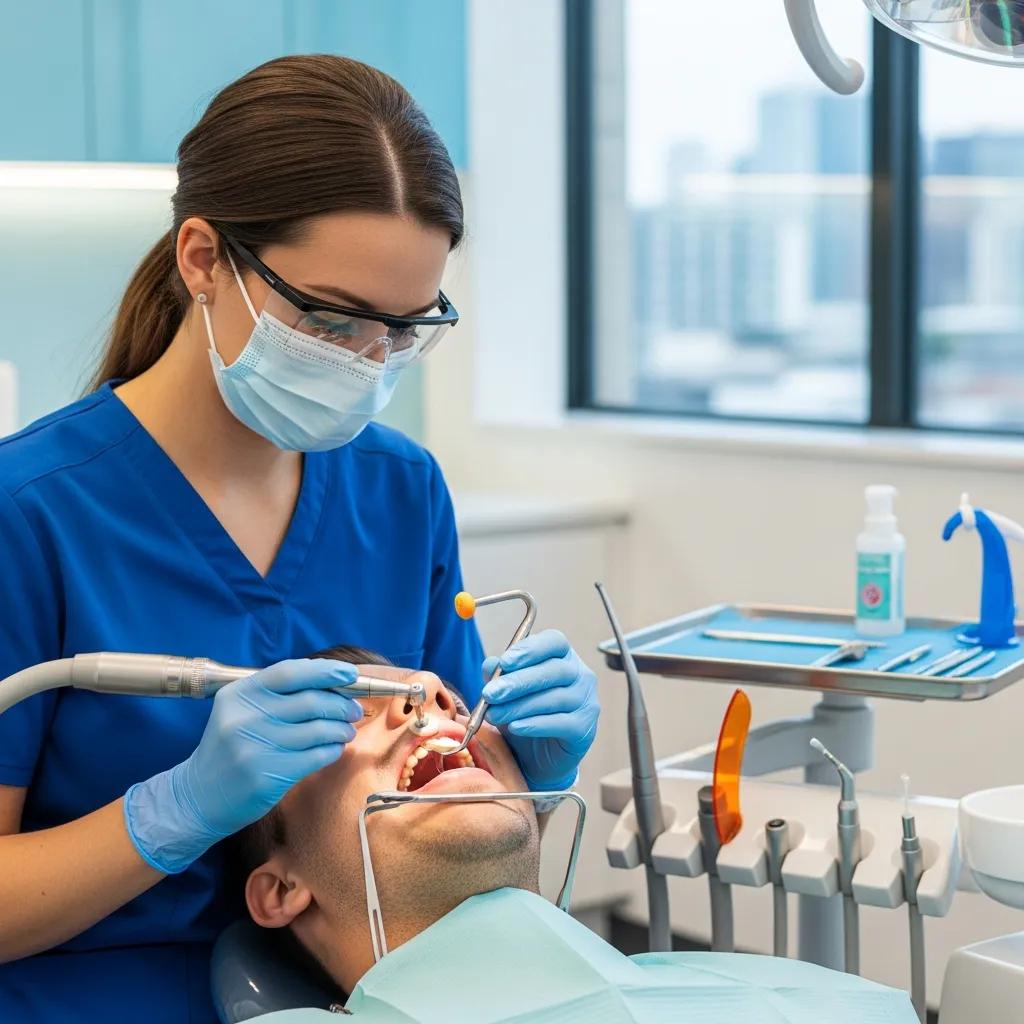 Dental assistant performing coronal polishing in a modern clinic