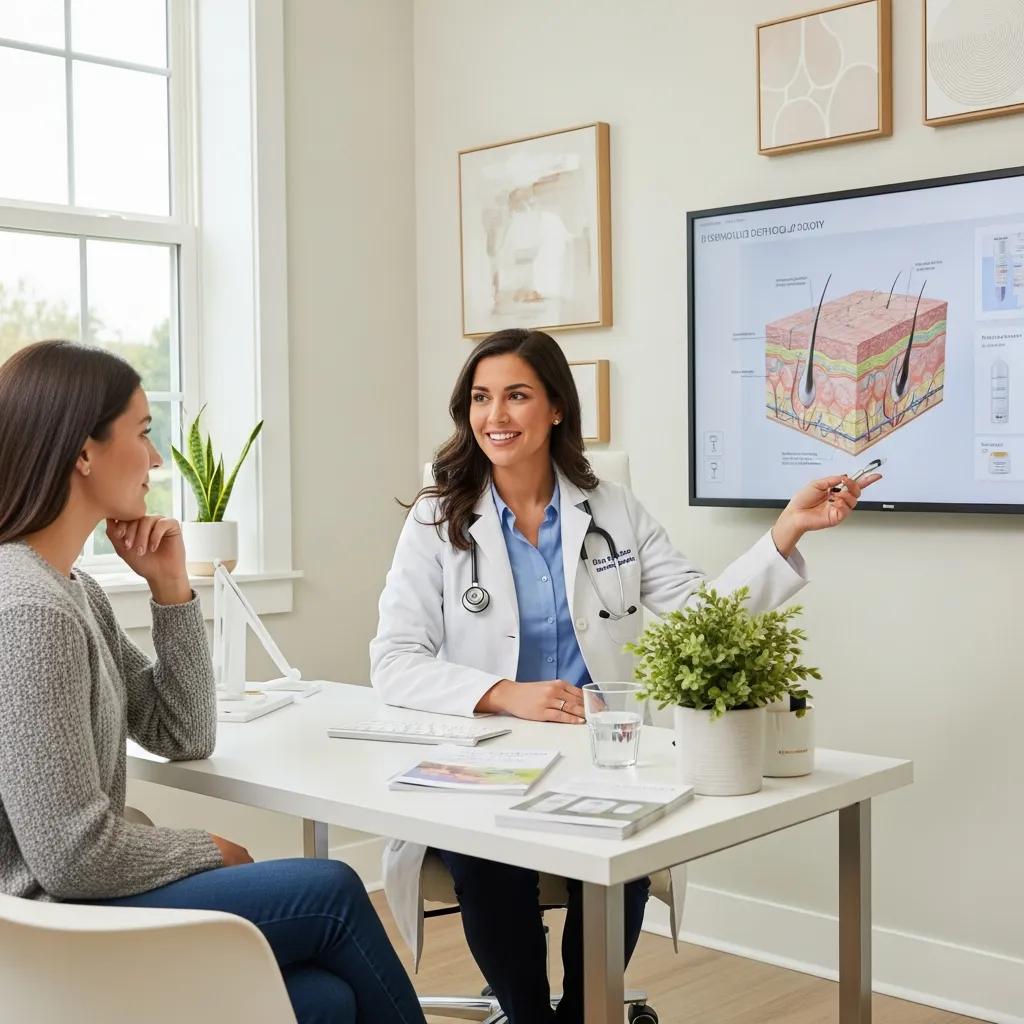 Dermatologist consulting with a patient in a modern clinic, emphasizing skin care and patient engagement