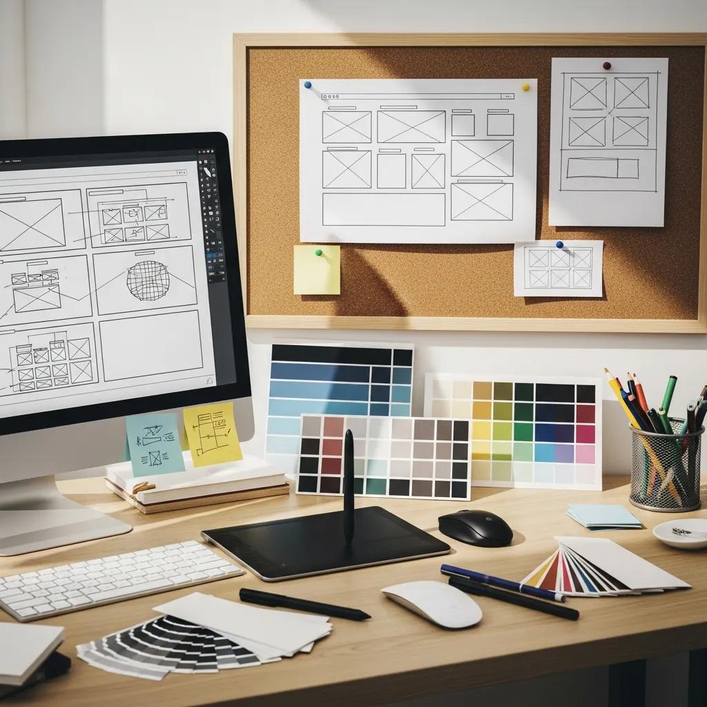 Designer workspace showcasing elements of visual hierarchy in design, including color swatches and typography samples