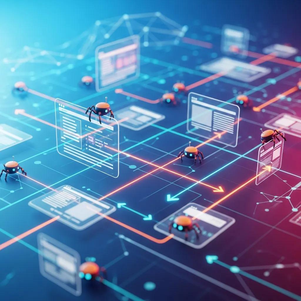 Digital landscape illustrating website crawling with search engine bots navigating interconnected web pages