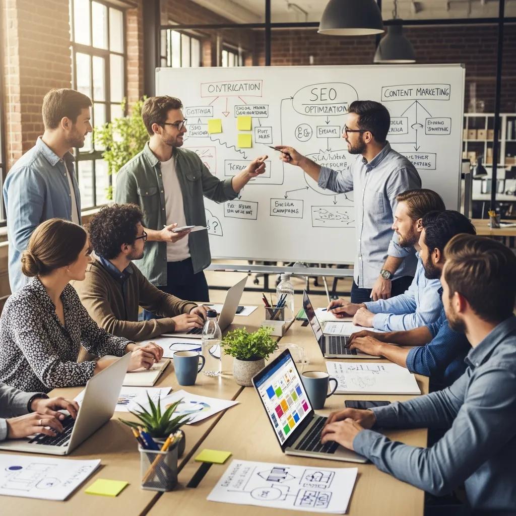 Digital marketing agency team collaborating on outreach strategies in a modern workspace