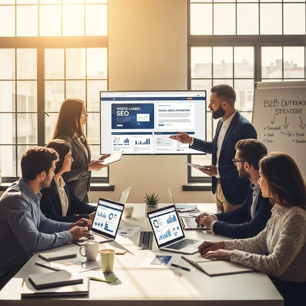 Digital marketing agency team collaborating on white label services and B2B outreach