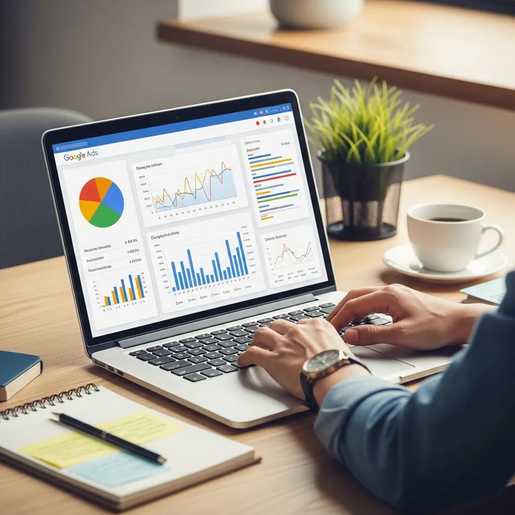 Digital marketing professional analyzing Google Ads data on a laptop in a modern workspace