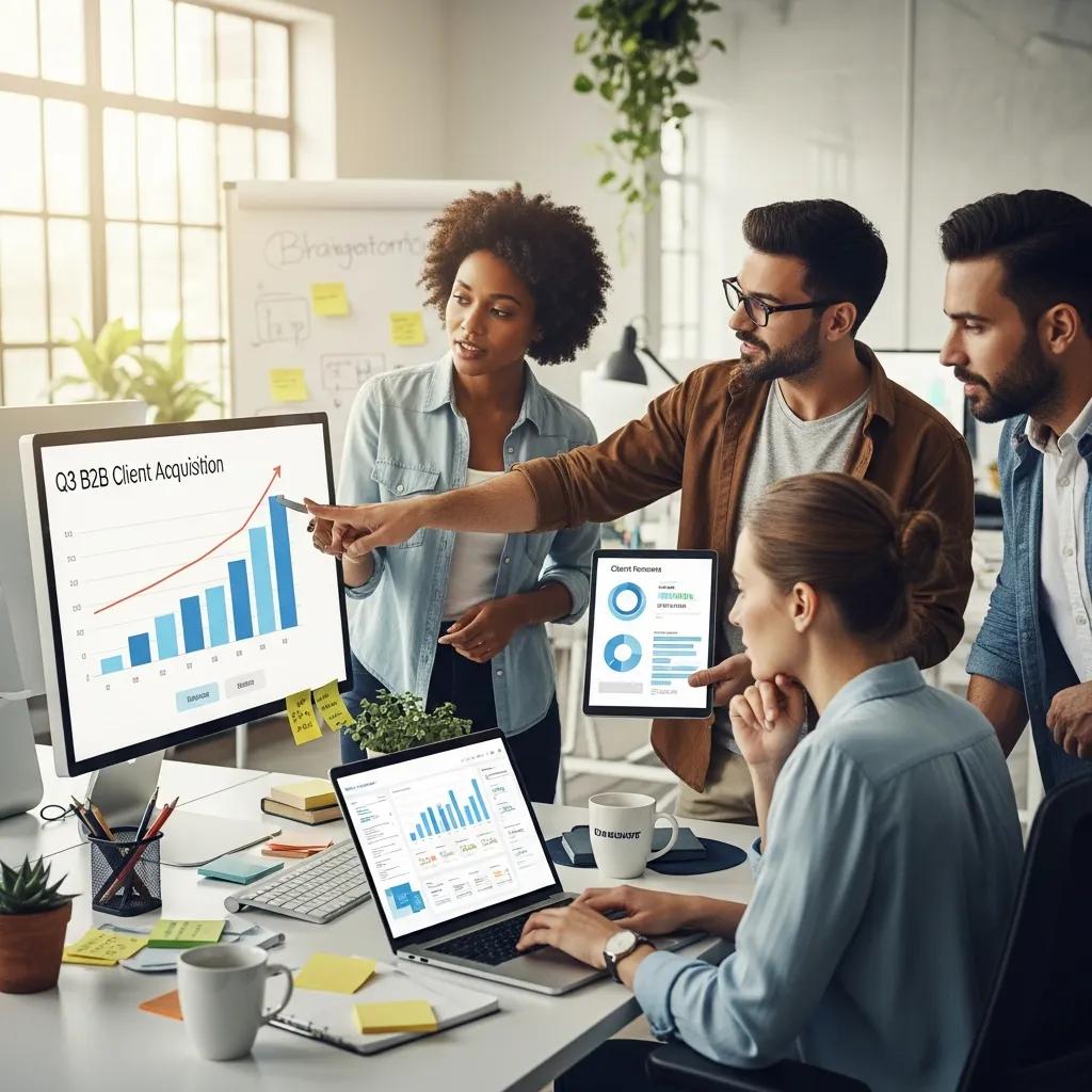 Digital marketing team collaborating on B2B client acquisition strategies