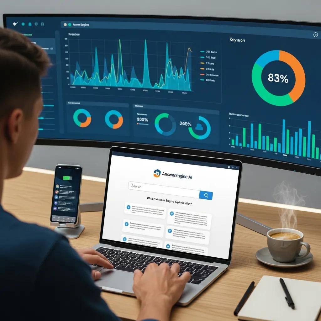 Digital workspace with a laptop showing a FAQ webpage, symbolizing Answer Engine Optimization