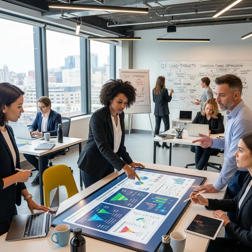 Diverse agency owners collaborating in a modern office, emphasizing teamwork in lead generation