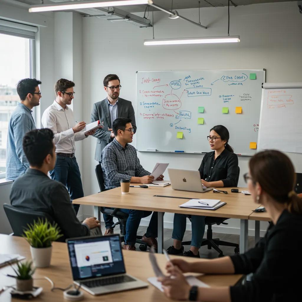 Diverse agency professionals collaborating in a modern office, showcasing teamwork in digital marketing
