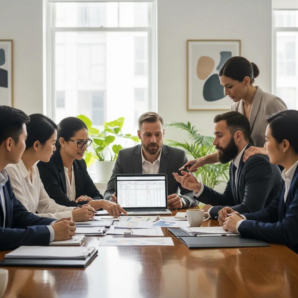Diverse business professionals discussing employer visa sponsorship in an office setting