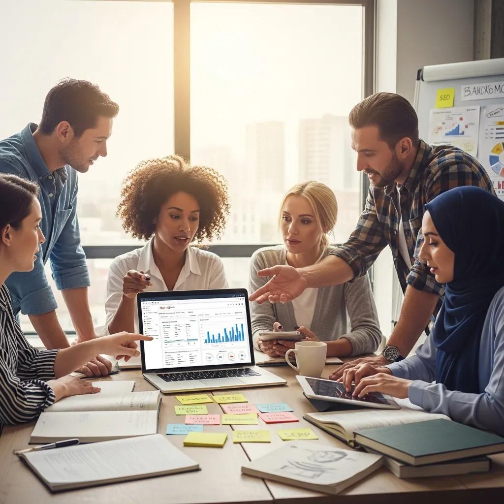 Diverse Canadian small business owners collaborating on SEO strategies with a laptop in a modern office