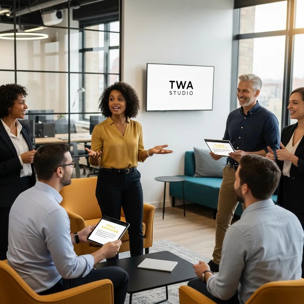 Diverse clients sharing positive testimonials in a modern office environment