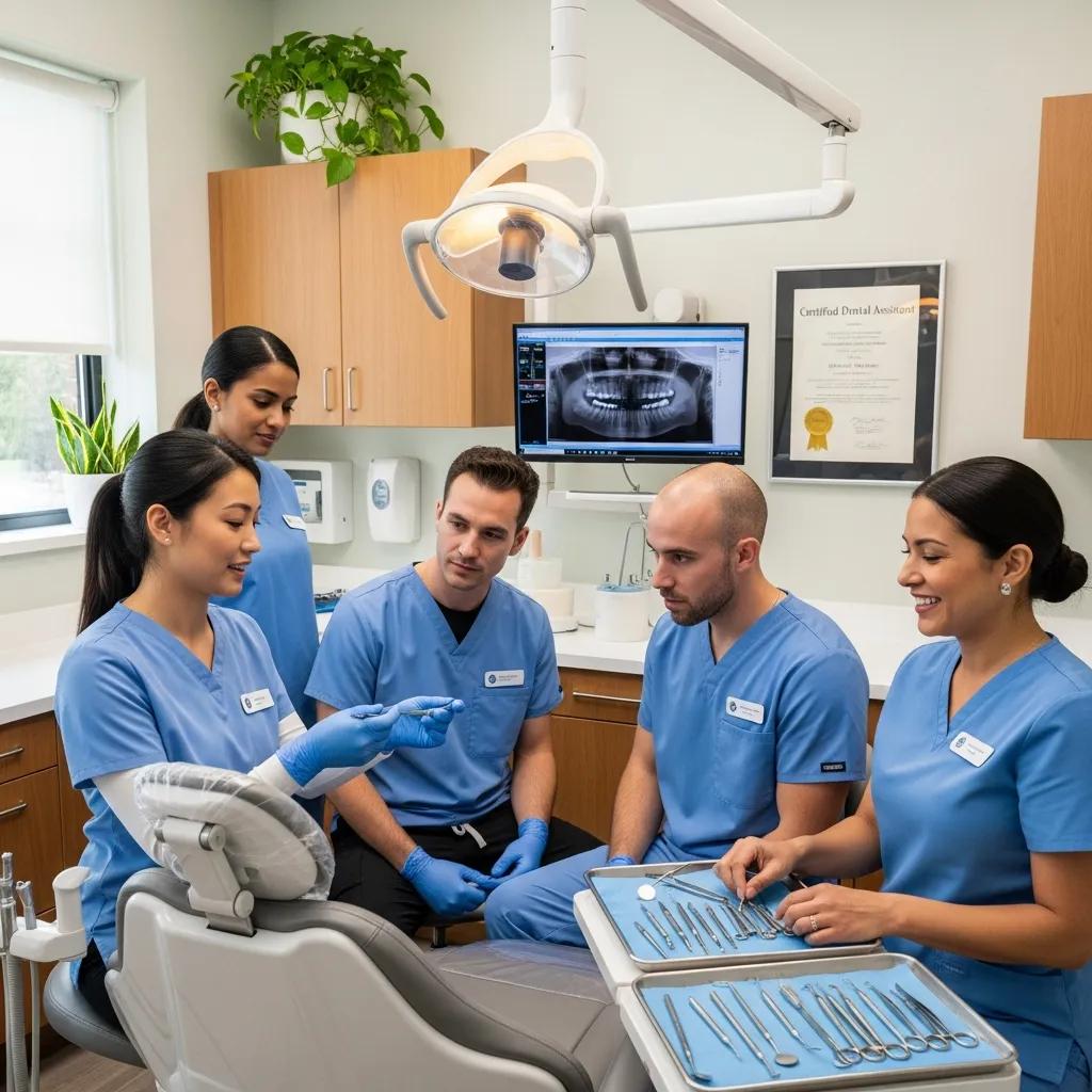 Diverse dental assistants collaborating in a modern clinic, highlighting teamwork and professionalism