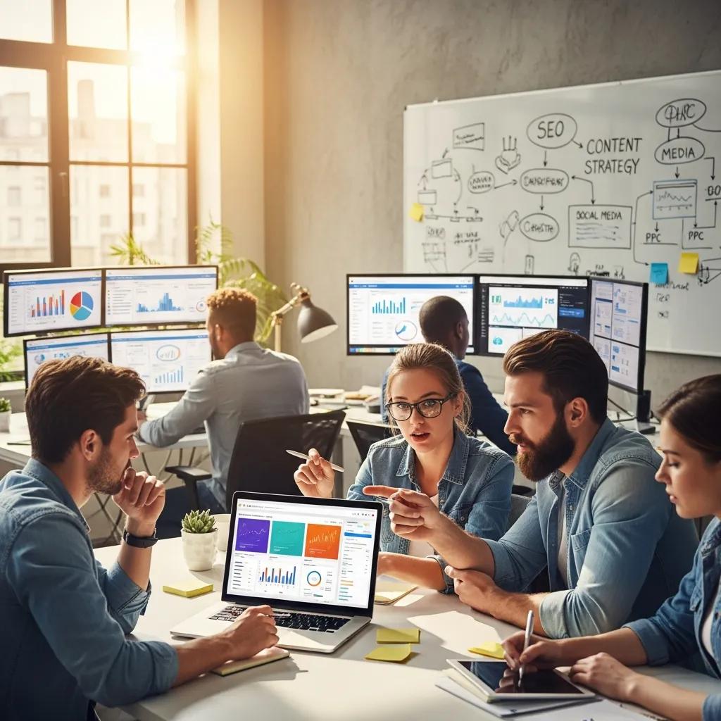 Diverse digital marketing team collaborating in a modern office, emphasizing teamwork and innovation