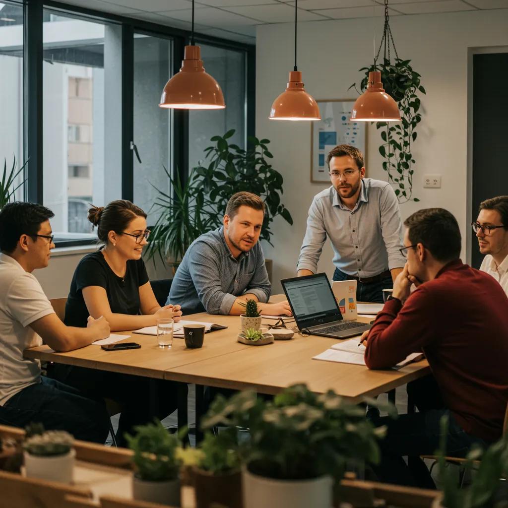 Diverse employees collaborating in a bright office, symbolizing company health and teamwork