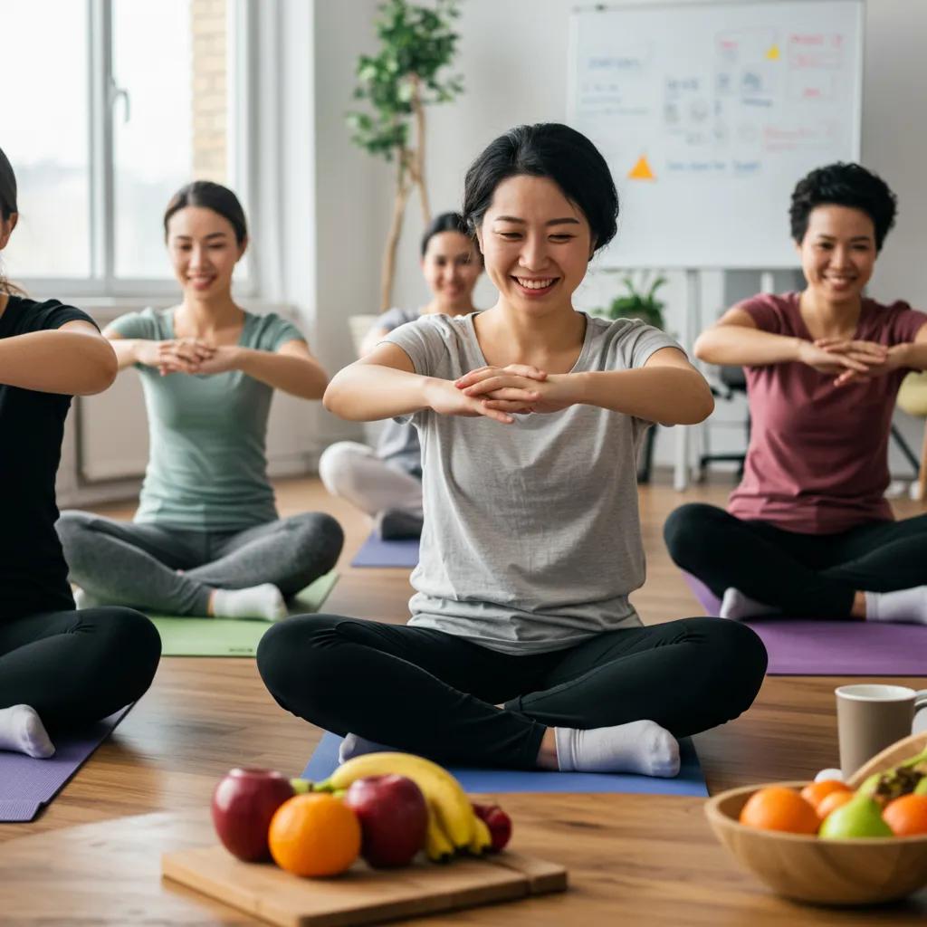 Diverse employees participating in a wellness program activity, promoting health and collaboration
