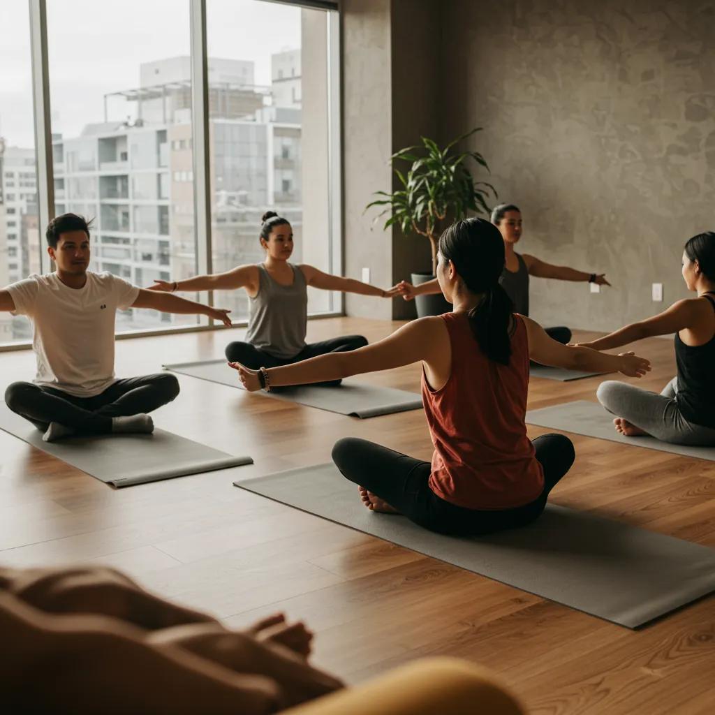 Diverse employees participating in a wellness program in a modern office setting