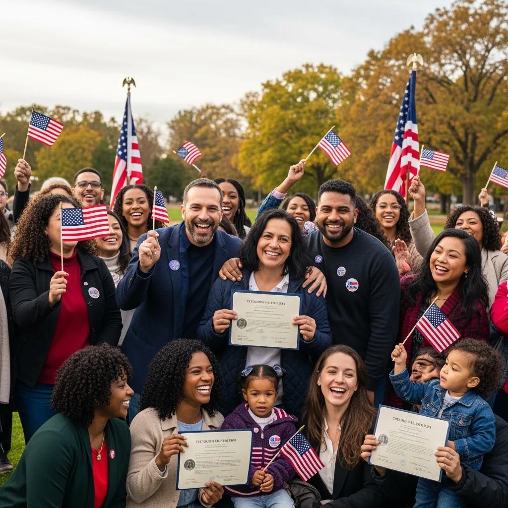 Diverse group celebrating U.S. citizenship outdoors with flags