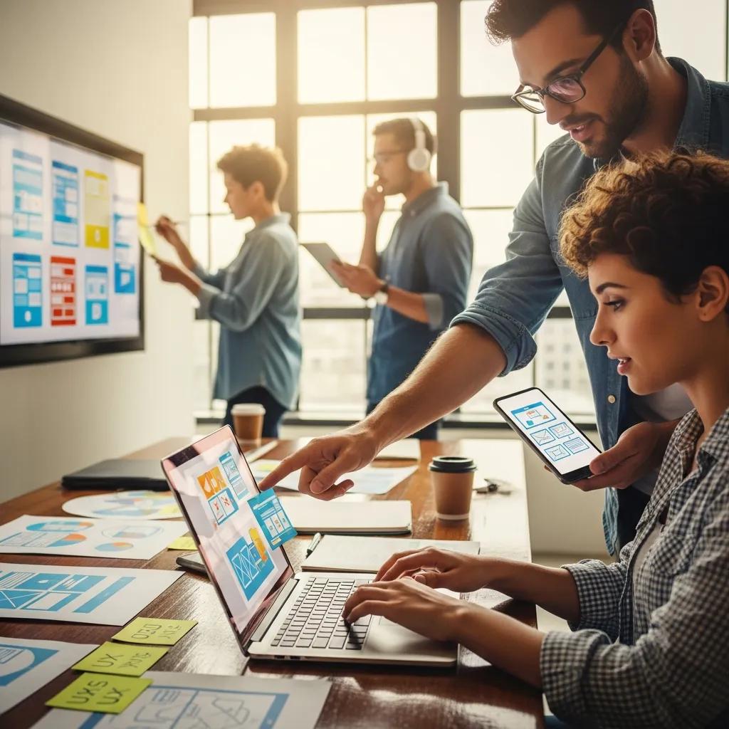 Diverse group collaborating on user-centered design in a modern workspace