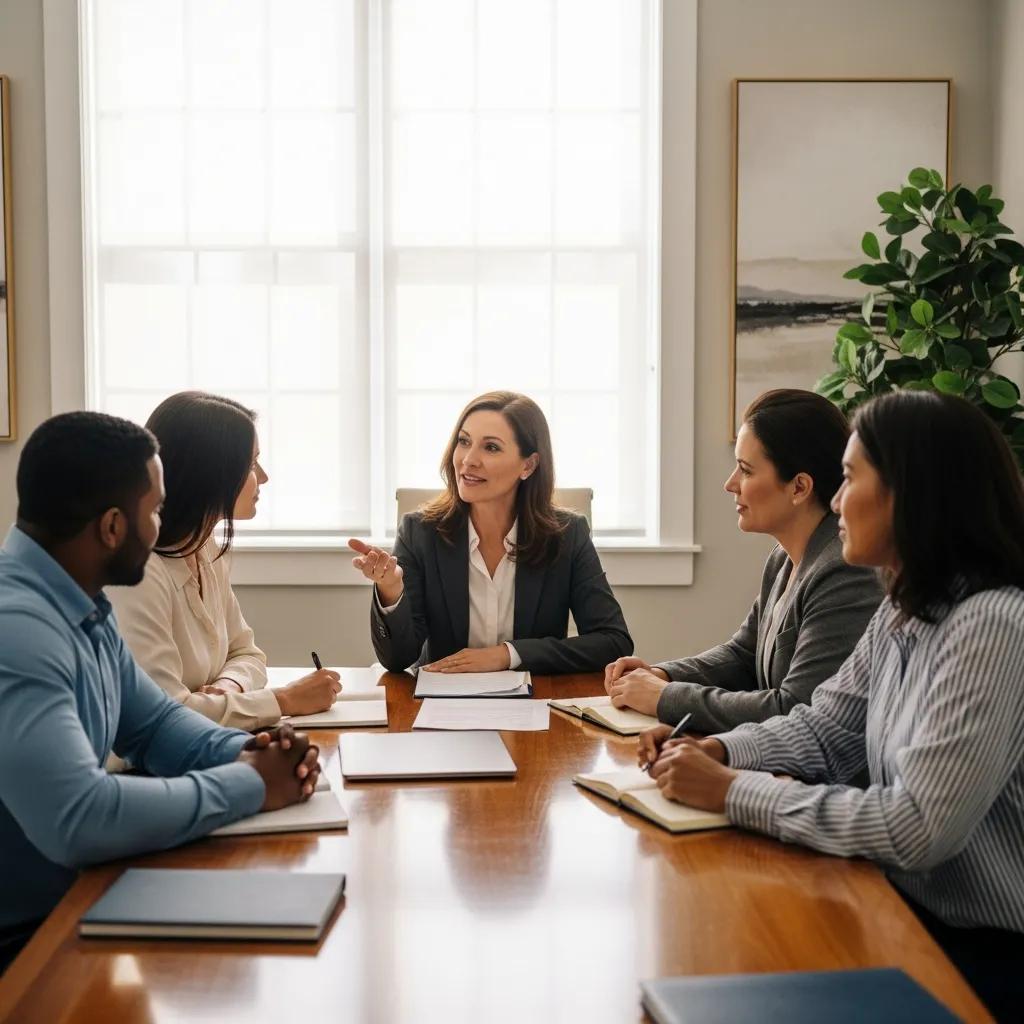 Diverse group consulting with an immigration lawyer in a professional office