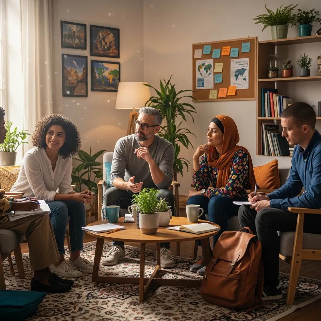 Diverse group discussing asylum interview preparation in a cozy setting