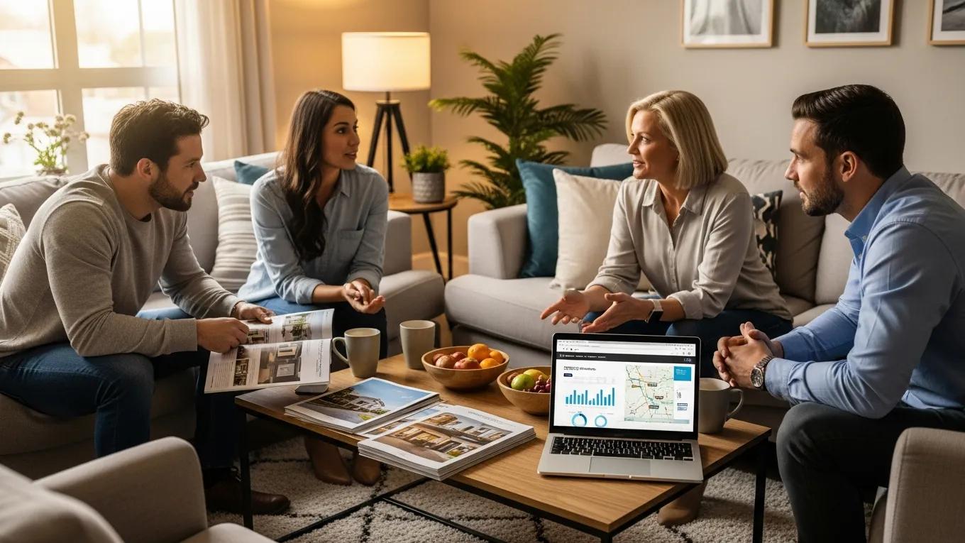 Diverse group discussing real estate investment strategies in a cozy living room