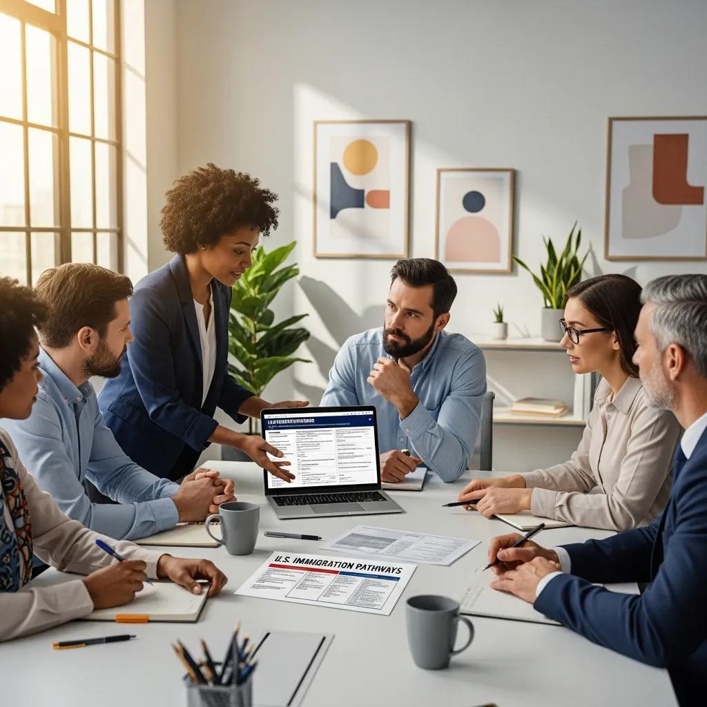 Diverse group discussing U.S. immigration options in a modern office