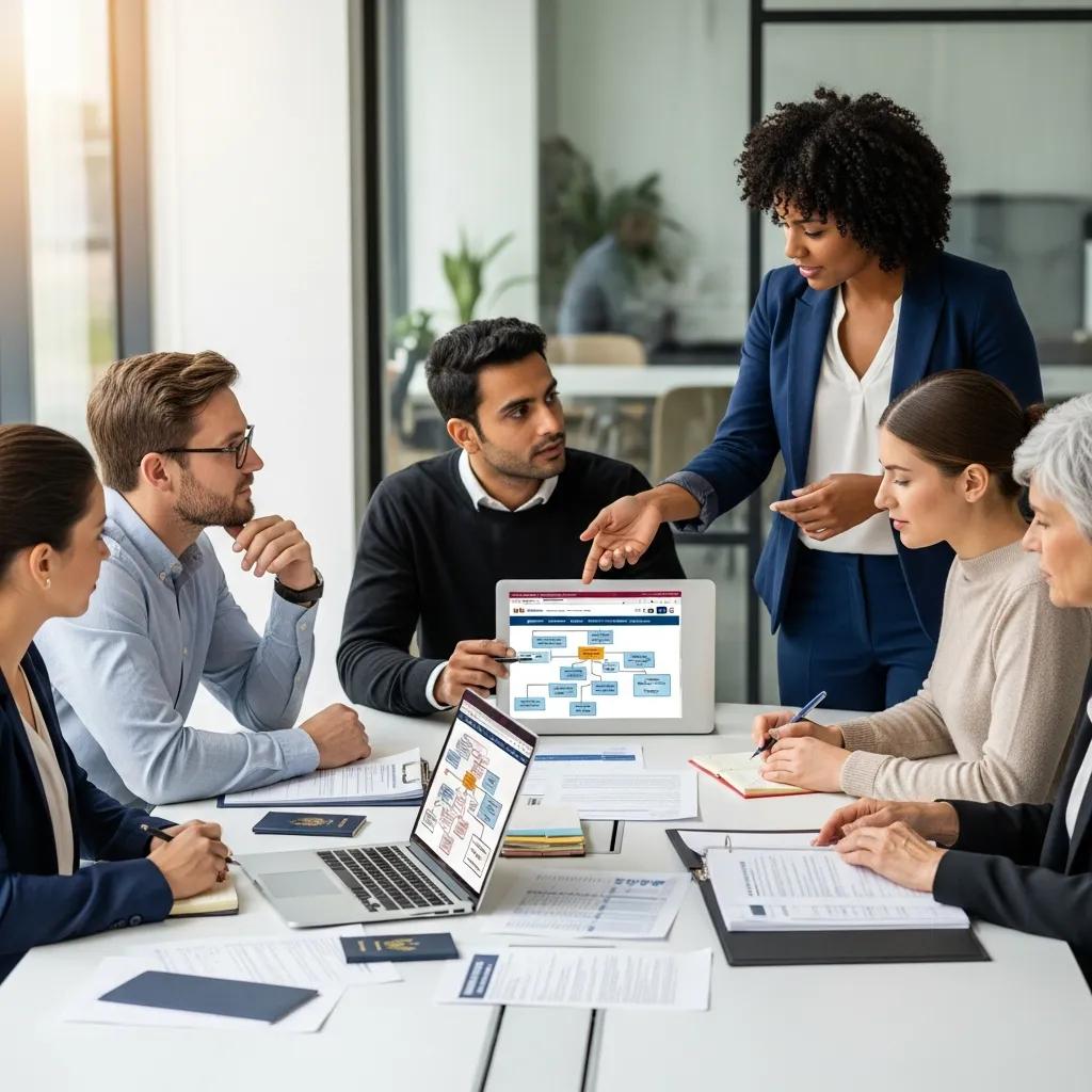 Diverse group discussing U.S. work visas in a professional setting